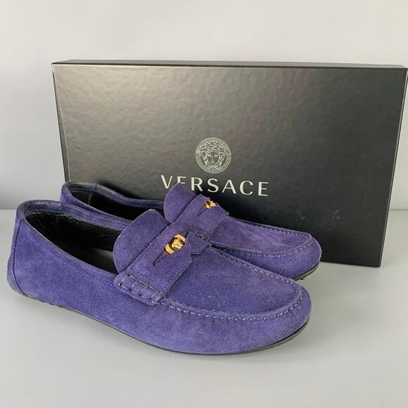 VERSACE Size 8 -Bluette Oro- Purple Textured Suede Drivers Loafers - Picture 10 of 13